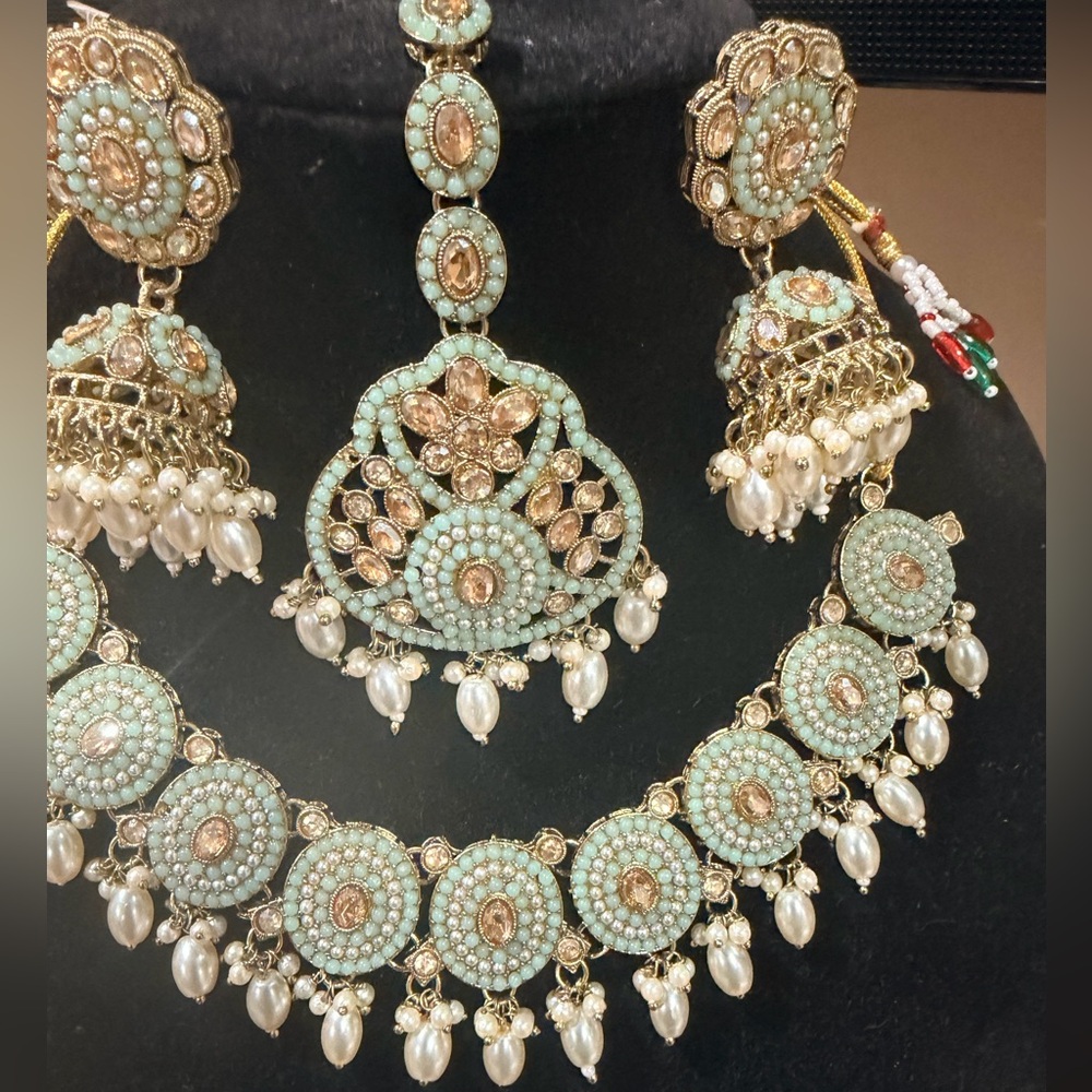 Pakistani Indian Desi Mint Green Statement Necklace Set with jhumkay and Tika